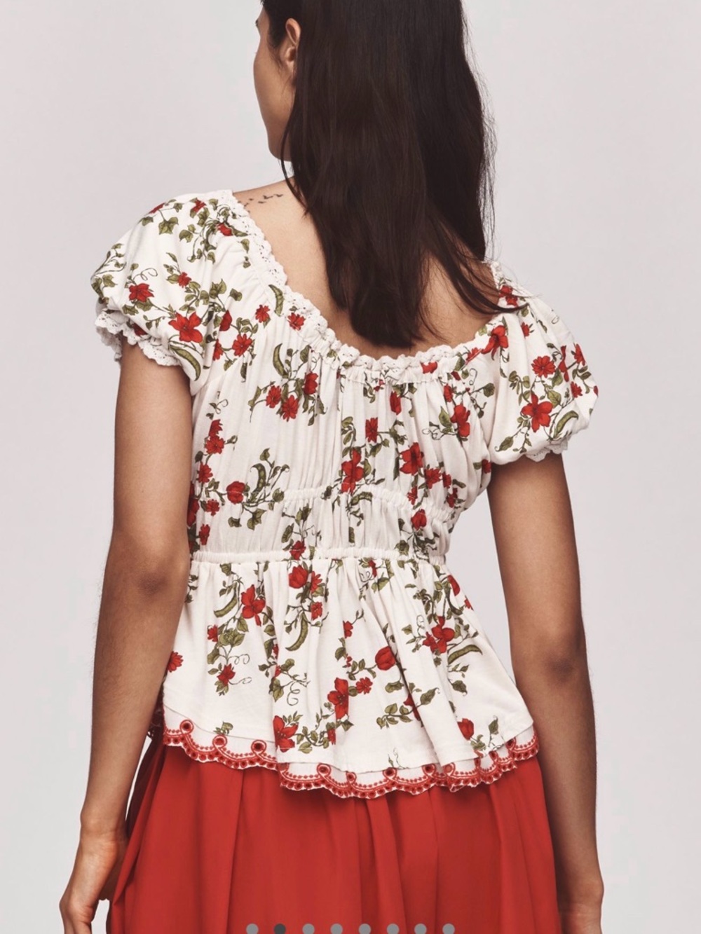 Maeve Floral Puff-Sleeve Peplum Top - White with Red Flowers - Picture 2 of 9